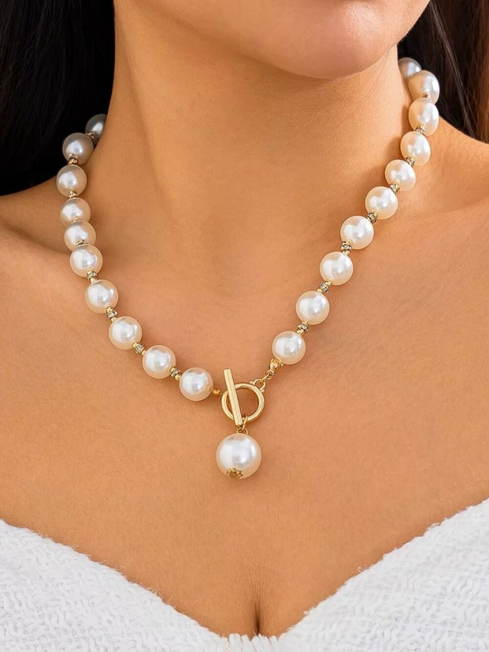 Womens White Beaded Pendant Necklace Toggle Clasp Statement Jewelry Gift